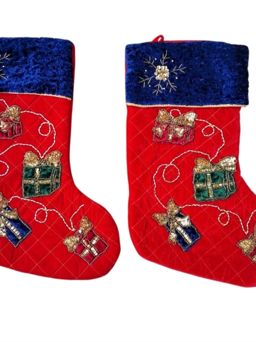 Festive Red & Blue Embroidered Christmas Stockings (Pair)